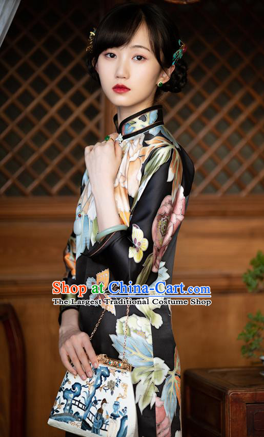 Republic of China Traditional National Costume Women Cheongsam Classical Peony Butterfly Pattern Black Silk Qipao Dress