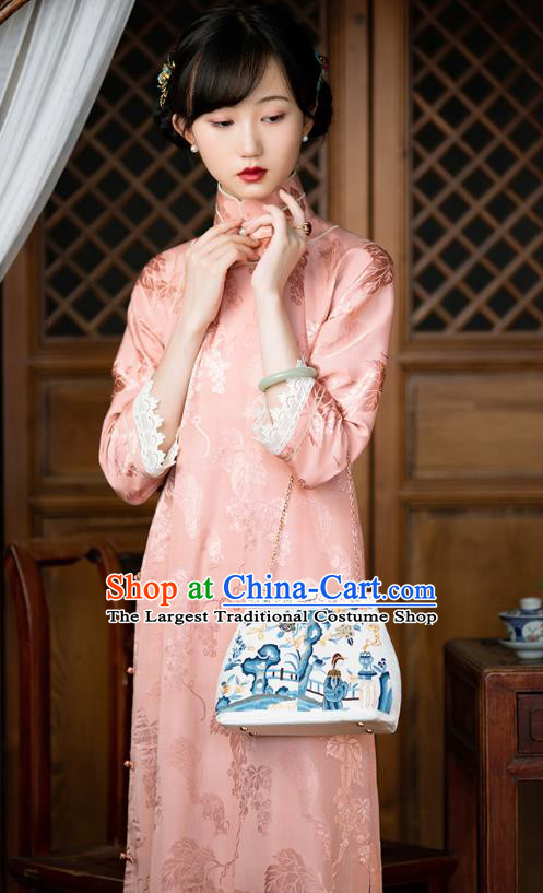 Republic of China Traditional National Costume Women Pink Silk Cheongsam Classical Qipao Dress