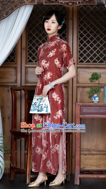 Republic of China Qipao Dress Traditional National Costume Classical Purplish Red Velvet Cheongsam