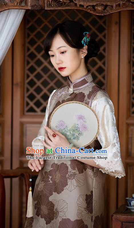 Asian Classical Lotus Leaf Pattern Cheongsam Republic of China Traditional National Costume Brown Silk Qipao Dress