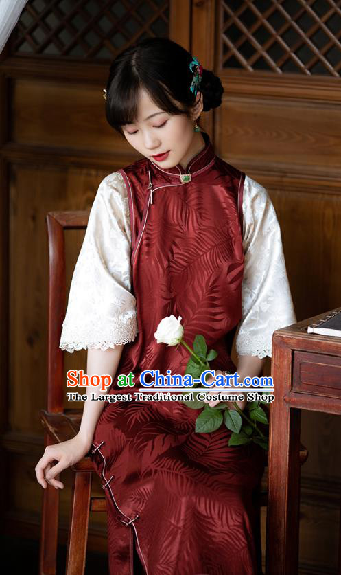 Republic of China Traditional National Costume Asian Classical Pattern Cheongsam Red Silk Qipao Dress