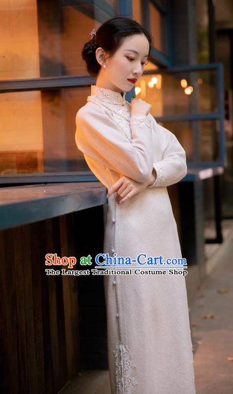 Chinese National Beige Woolen Cheongsam Republic of China Traditional Women Costume Classical Qipao Dress