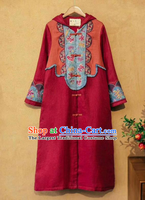 China Tang Suit Women Wine Red Flax Dust Coat Traditional Costume National Outer Garment Long Coat