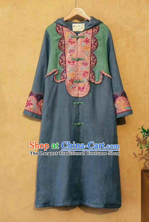 China National Outer Garment Long Coat Tang Suit Women Blue Flax Dust Coat Traditional Embroidered Costume