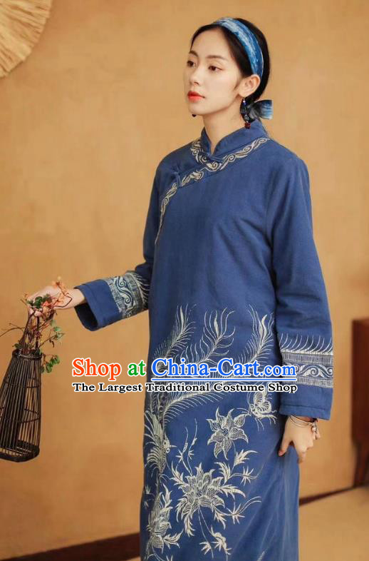 Chinese Retro Batik Blue Qipao Dress Traditional Women Cotton Padded Robe Clothing National Embroidered Phoenix Cheongsam