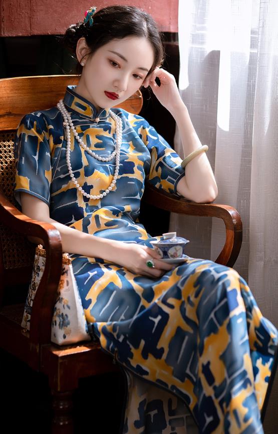 Republic of China Traditional Women Costume Classical Qipao Dress Chinese National Blue Cheongsam