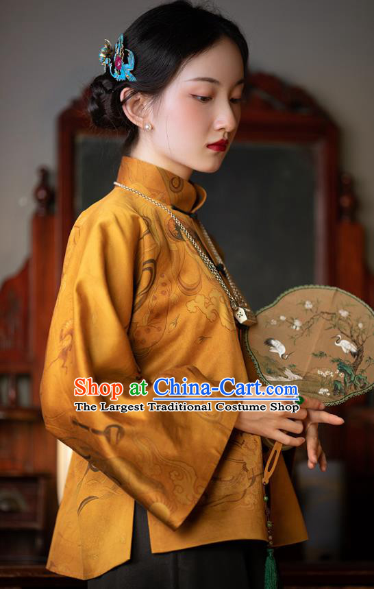 Chinese Traditional Flying Apsaras Pattern Golden Silk Mandarin Jacket National Clothing Tang Suit Outer Garment for Women