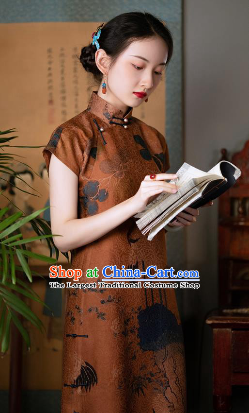 Republic of China Traditional Qipao Dress Chinese National Costume Classical Brown Silk Cheongsam