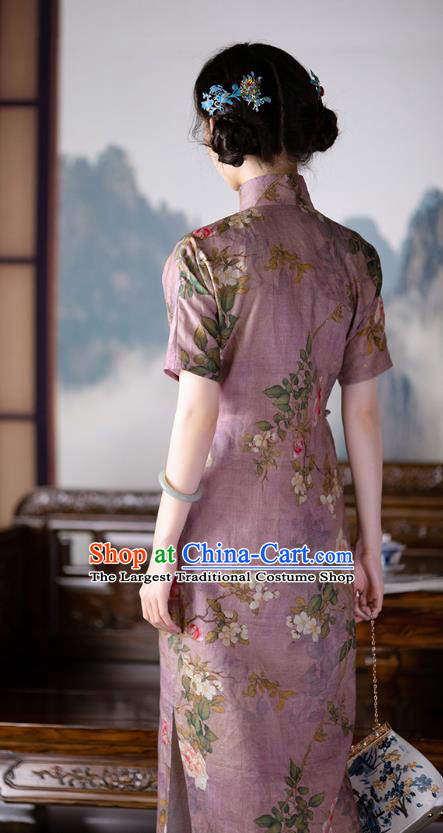 Republic of China Qipao Dress Chinese National Printing Peony Lilac Silk Cheongsam Traditional Costume