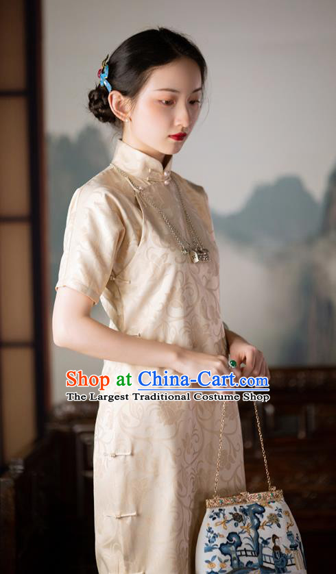 Republic of China Champagne Silk Qipao Dress Chinese Traditional Costume National Cheongsam