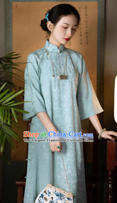 Chinese National Cheongsam Traditional Costume Republic of China Light Blue Silk Qipao Dress