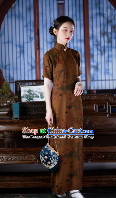 Chinese Classical Beauty Pattern Ginger Silk Qipao Dress Costume Traditional National Women Cheongsam