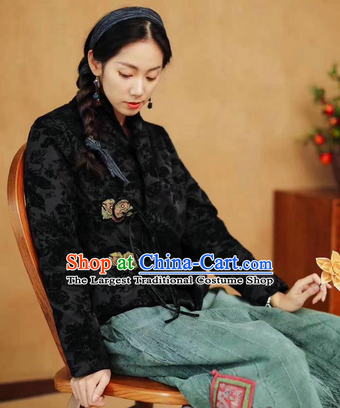 China Tang Suit Outer Garment Costume National Women Winter Jacket Traditional Black Flocking Coat