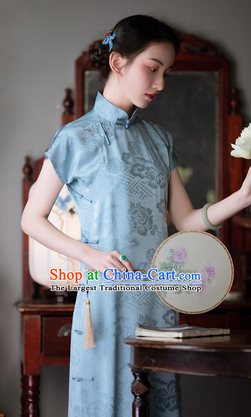 Chinese Traditional Peony Pattern Cheongsam National Women Costume Classical Light Blue Silk Qipao Dress