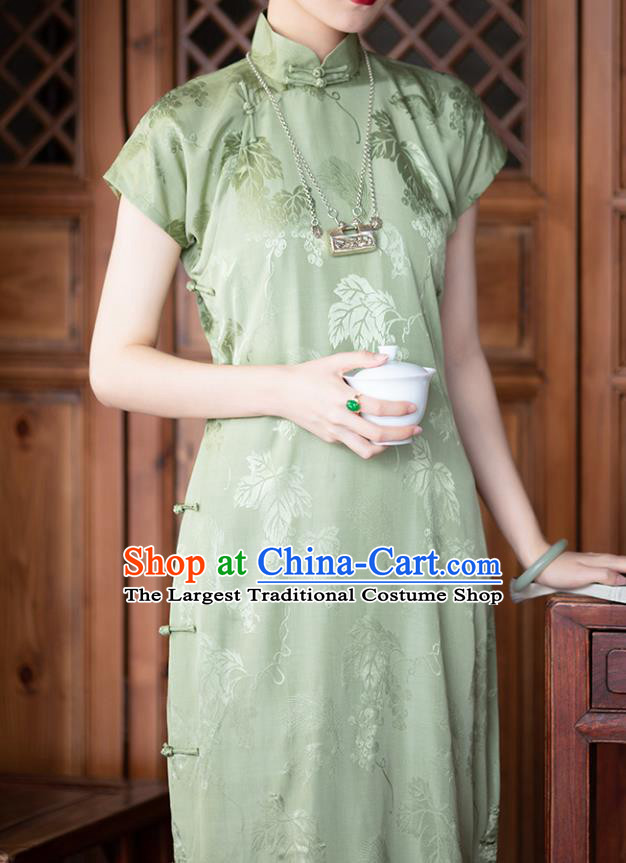 Chinese Traditional Grape Pattern Light Green Silk Cheongsam National Women Classical Qipao Dress Costume