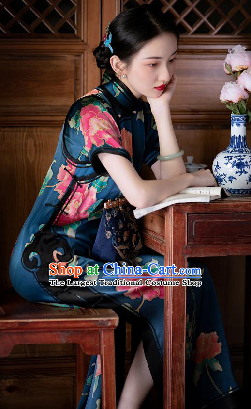 Chinese Classical Qipao Dress National Women Costume Traditional Deep Blue Silk Cheongsam