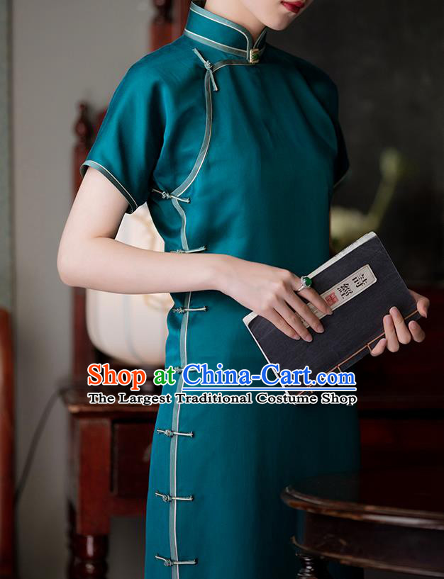 Chinese Blue Silk Qipao Dress National Women Costume Traditional Classical Cheongsam