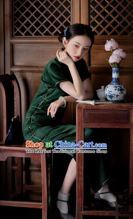 Chinese Traditional Classical Cheongsam Dark Green Silk Qipao Dress National Women Costume