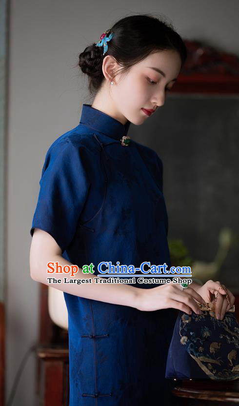 Chinese Traditional Cheongsam National Women Costume Classical Deep Blue Silk Qipao Dress