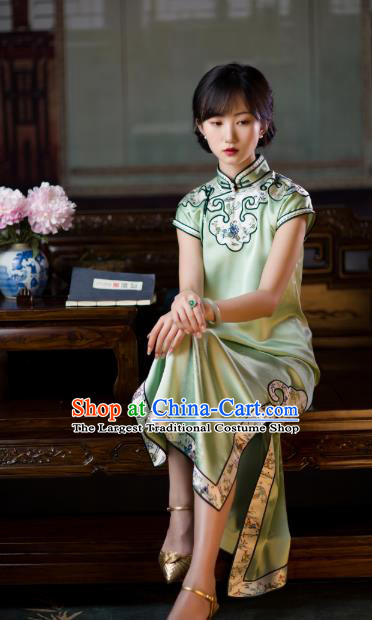 Chinese Traditional Light Green Silk Cheongsam National Women Costume Classical Embroidered Qipao Dress