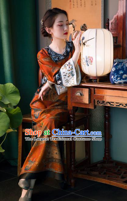 Chinese Traditional Embroidered Red Silk Qipao Dress National Women Classical Costume Wide Sleeve Cheongsam