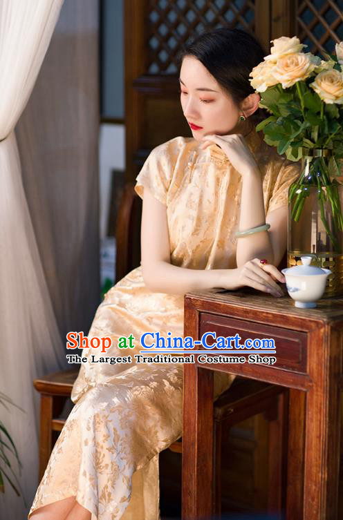 Chinese Classical Champagne Silk Cheongsam Traditional Chrysanthemum Pattern Qipao Dress National Women Costume