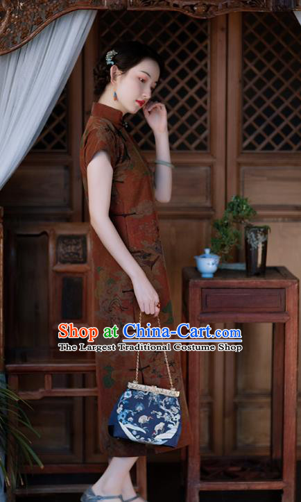 Chinese Traditional Qipao Costume Classical Goddess Pattern Dark Red Silk Cheongsam National Women Dress