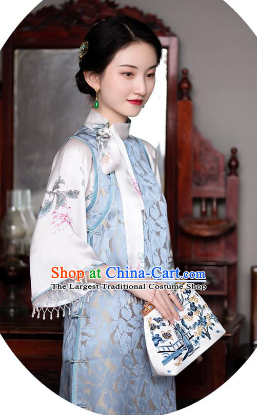 Republic of China Traditional Costume National Women Qipao Classical Blue Silk Cheongsam Dress