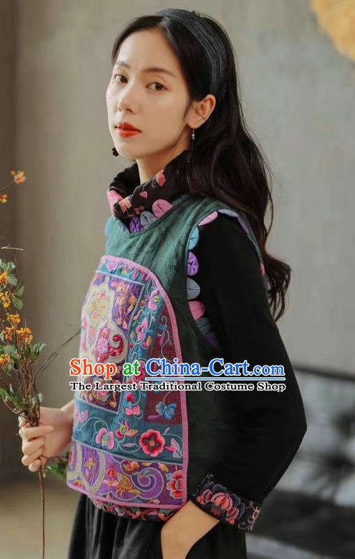 China Traditional Tang Suit Green Flax Vest Upper Outer Garment Clothing National Women Embroidered Waistcoat