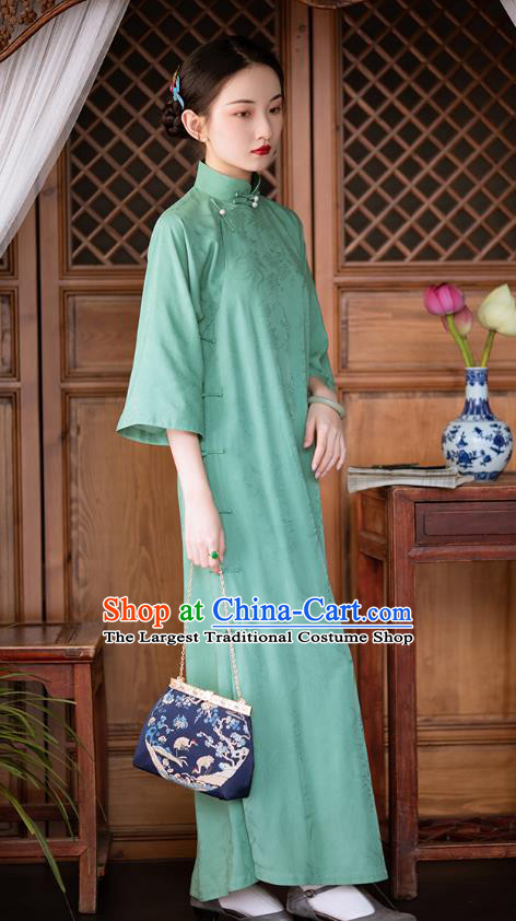 Chinese Traditional Women Cheongsam Costume National Classical Green Silk Qipao Dress