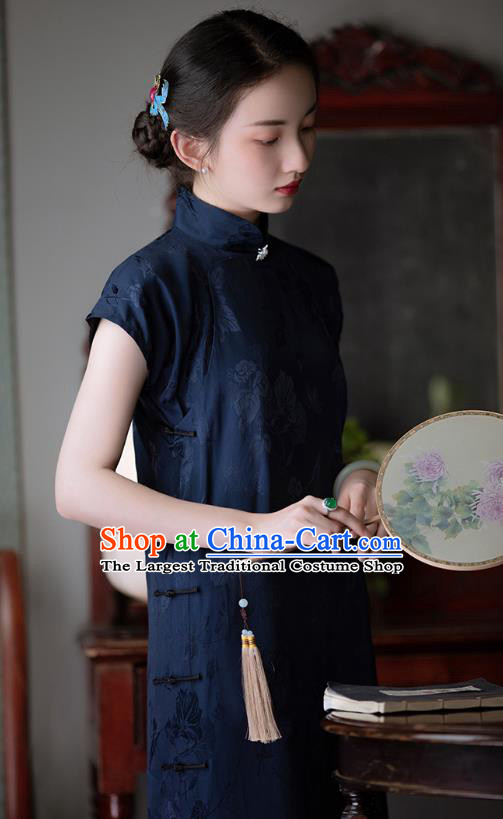 Chinese Traditional Women Navy Satin Cheongsam National Costume Classical Silk Qipao Dress