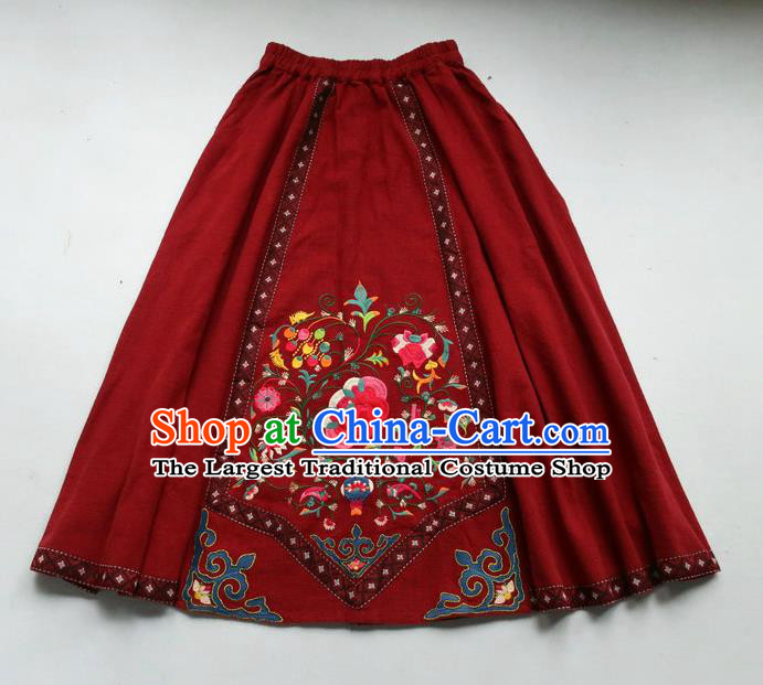 Chinese Retro Dark Red Skirt Traditional Women Clothing National Embroidered Peony Bust Skirt