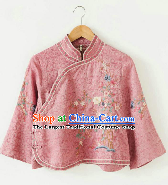 China Classical Cheongsam Upper Outer Garment National Women Traditional Costume Tang Suit Embroidered Pink Shirt