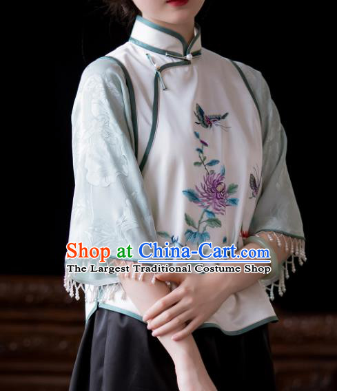 Chinese Tang Suit Embroidered Shirt National Upper Outer Garment Traditional Classical Silk Blouse for Women