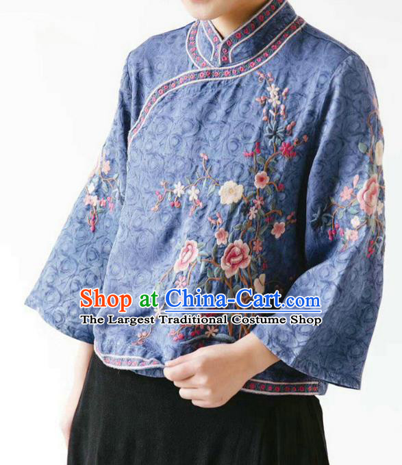 China National Women Traditional Costume Tang Suit Embroidered Blue Shirt Classical Cheongsam Upper Outer Garment