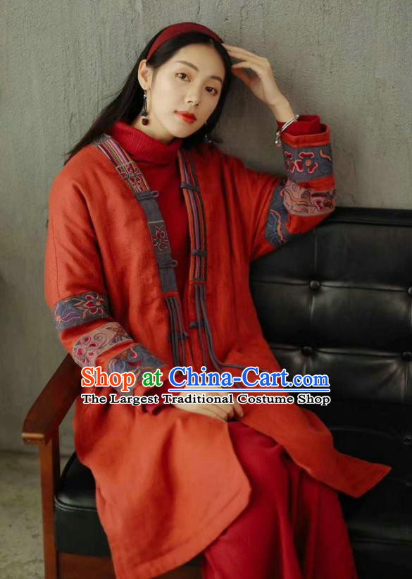 China National Embroidered Cotton Padded Coat Traditional Winter Costume Tang Suit Women Red Overcoat