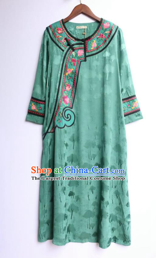 Chinese National Green Qipao Dress Women Traditional Embroidered Classical Cheongsam Clothing