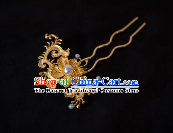 China Handmade Ancient Golden Fissidens Flower Hairpin Ming Dynasty Hair Accessories