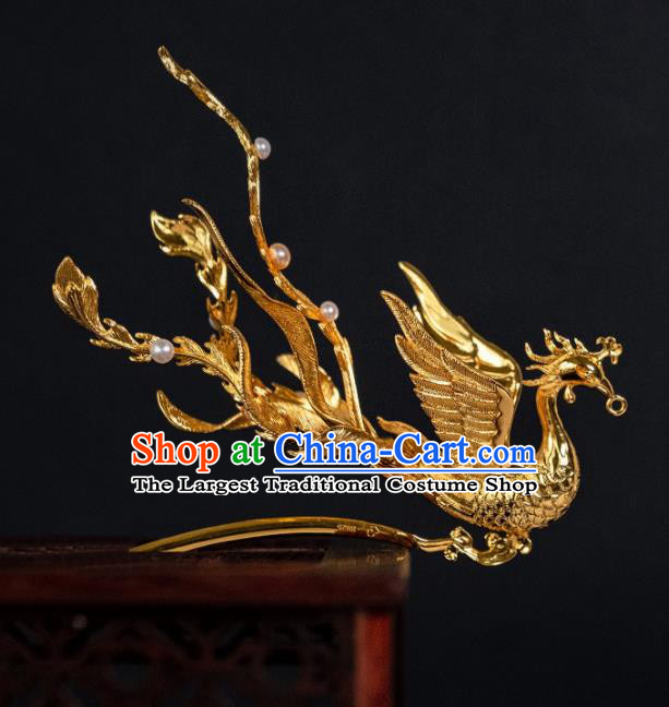 China Ancient Palace Gilding Phoenix Hairpin Ming Dynasty Queen Hair Accessories Hair Stick