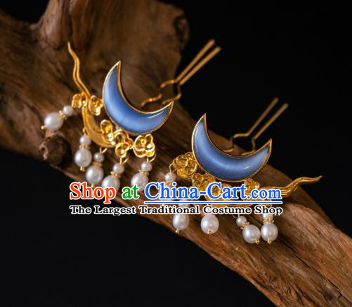 China Ancient Hair Claws Ming Dynasty Blue Opal Moon Hair Accessories Palace Empress Gilding Hairpins