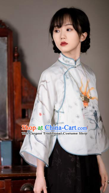 China Tang Suit Upper Outer Garment Traditional Printing Goldfish White Silk Blouse