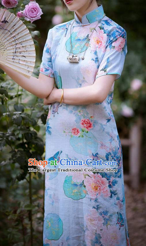 Republic of China Classical Peony Butterfly Pattern Light Blue Qipao Dress Traditional National Costume Cheongsam