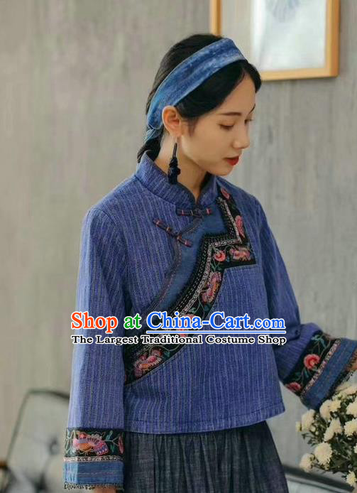 China National Women Blue Flax Shirt Traditional Classical Costume Tang Suit Embroidered Cheongsam Upper Outer Garment