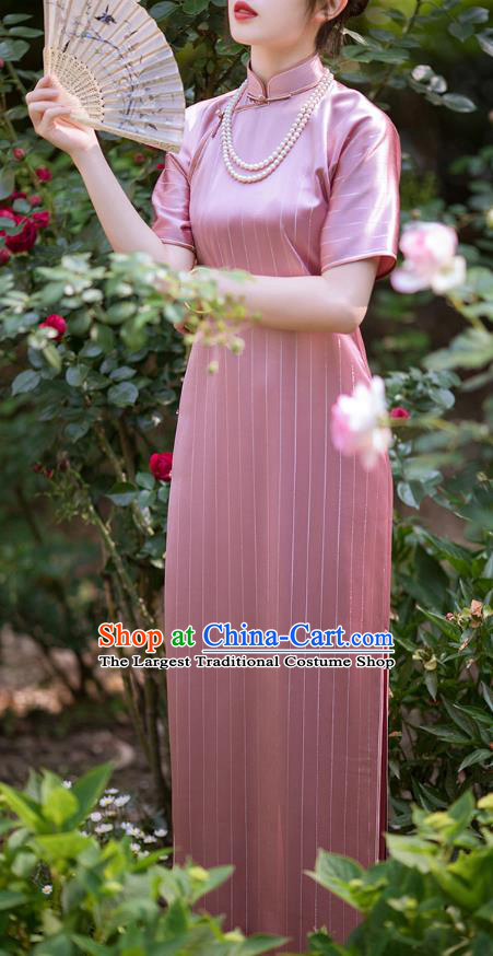 Republic of China National Cheongsam Pink Silk Qipao Dress Traditional Classical Costume