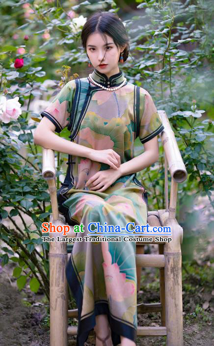 Republic of China Traditional Lotus Pattern Green Silk Qipao Dress Classical Costume National Cheongsam