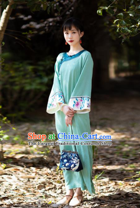 China Qing Dynasty Women Dress National Cheongsam Classical Costume Traditional Embroidered Pattern Light Green Silk Qipao