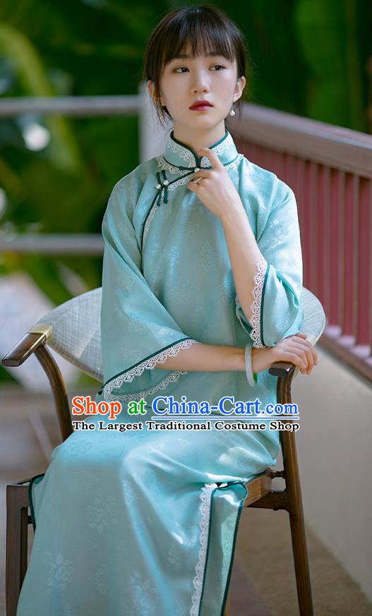 China Classical Cheongsam Costume National Women Dress Traditional Light Blue Silk Qipao