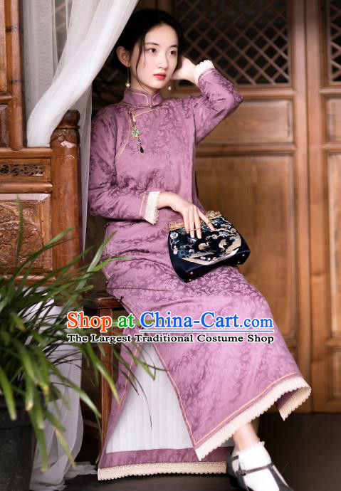 China Classical Cheongsam Traditional Costume Purple Silk Qipao National Women Dress