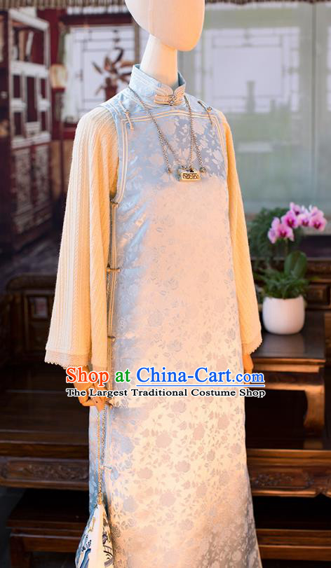 China National Women Dress Classical Light Blue Silk Cheongsam Traditional Qipao Costume