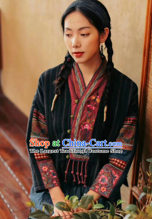 China Traditional Classical Costume Tang Suit Embroidered Cheongsam Upper Outer Garment National Women Black Flax Shirt